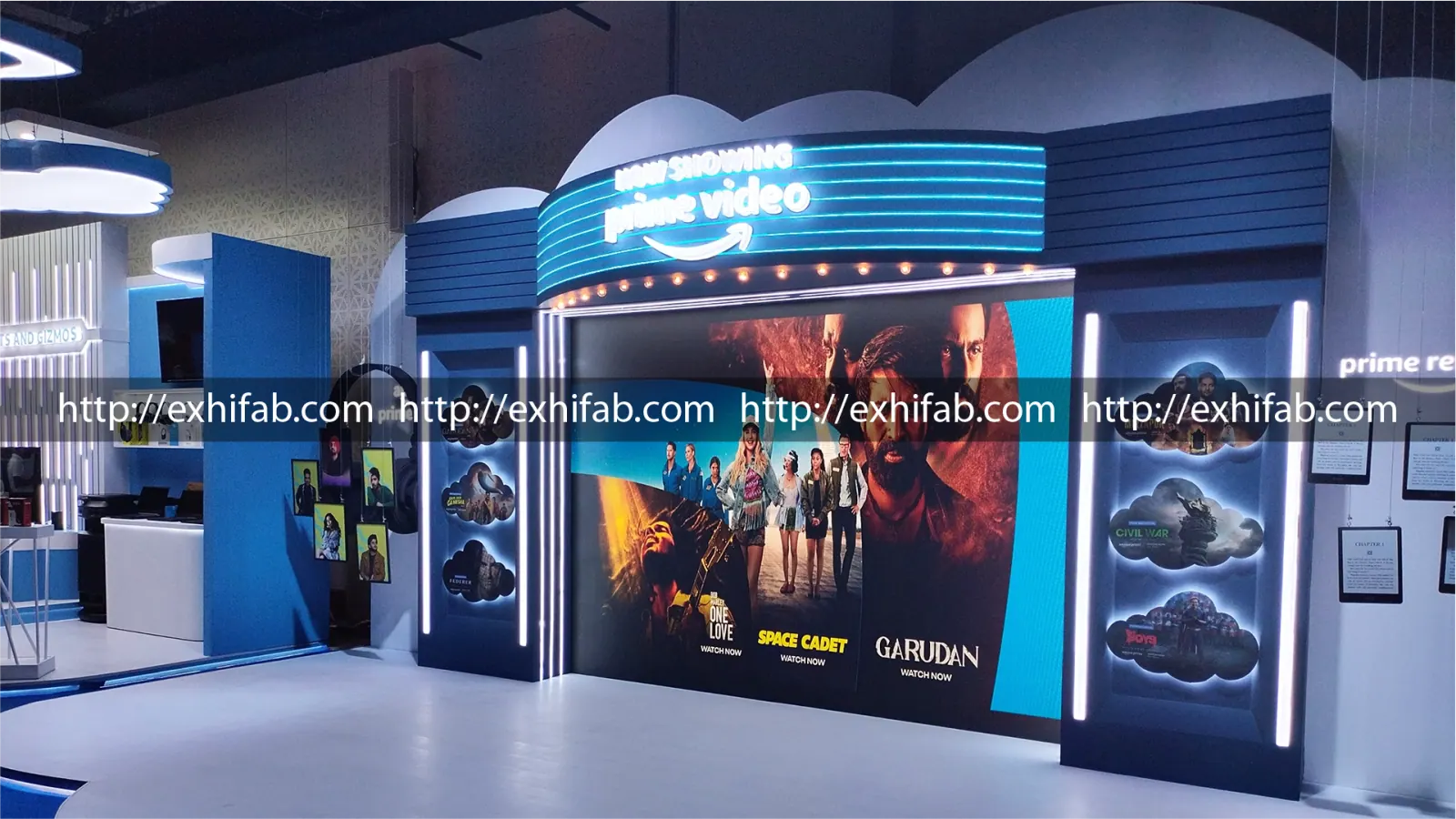 Amazon Prime Video brand experience zone styled as a retro cinema marquee with Now Showing lightbox and title posters