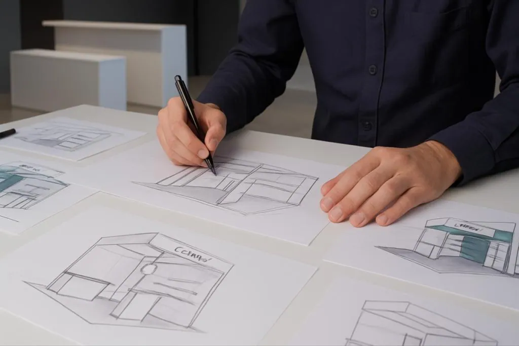 Designer sketching custom exhibition stand concepts on paper