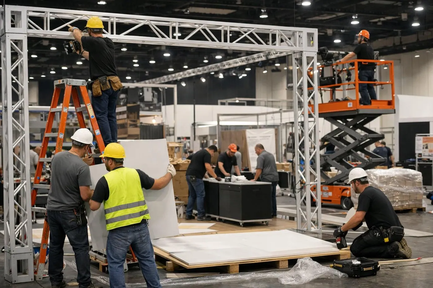 Crew in hard hats installing an exhibition stall structure with truss and panels