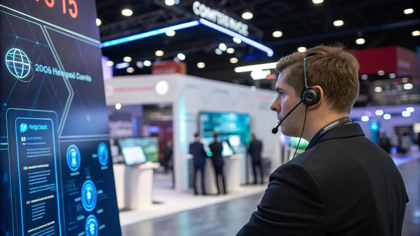 On-site support staff member with a headset assisting at an exhibition stand
