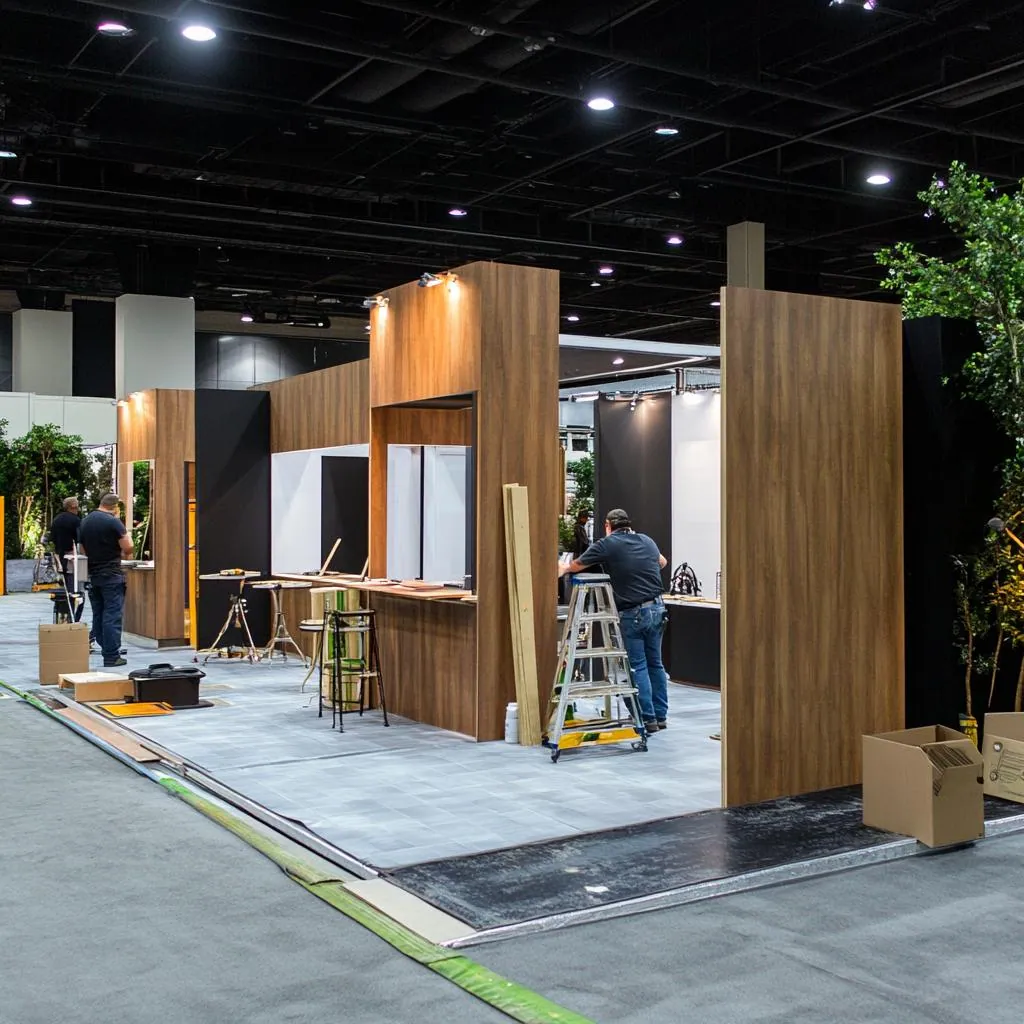 Crew fabricating and building a wooden exhibition stall on the show floor